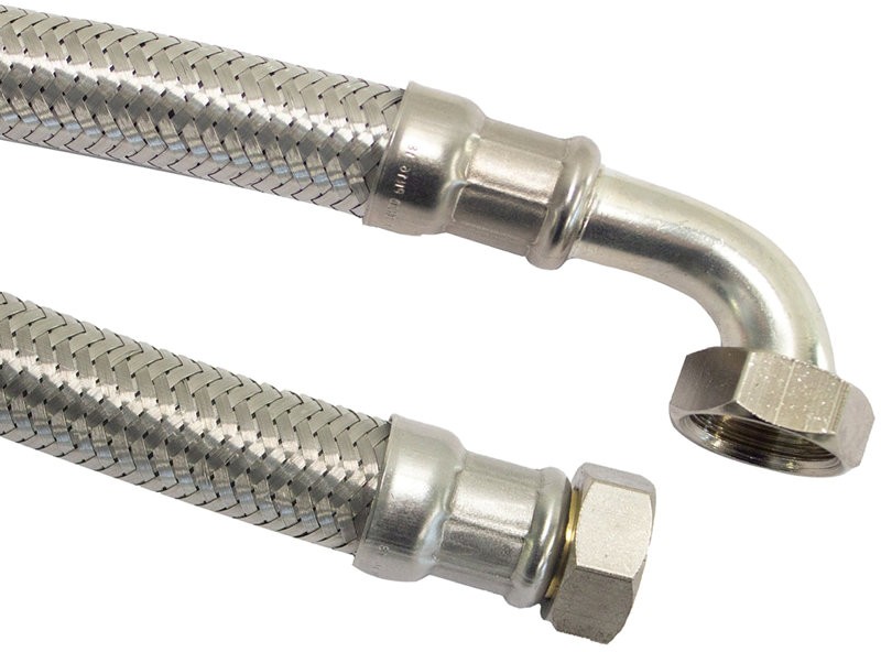 Flexibele aansluitslang - rvs gevlochten - binnendraad x binnendraad met knie - �" x �" - DN20 - 29,5cm afbeelding