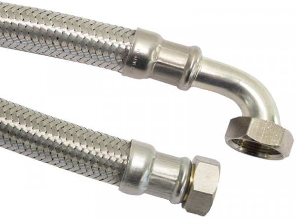 Flexible tuyau de raccordement - inox tressé - filetage femelle x filetage femelle - 1” x 1” avec coude - DN25 - longueur 60cm
