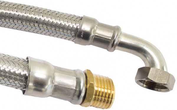 Flexible tuyau de raccordement - inox tressé - filetage femelle x filetage mâle - 1” x 1” avec coude - DN25 - longueur 80cm