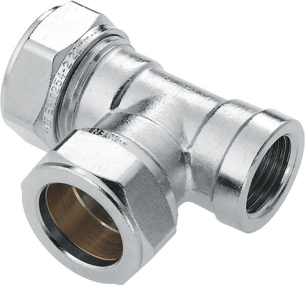 Bonfix knelkoppeling - T-stuk knel x knel x binnendraad - 22mm x 22mm x 1/2” - Vertint Messing