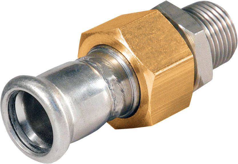 Bonfix Pressfitting RVS 316L 3-delige koppeling - vlakdichtend 1/2 x 15 - buitendraad (R) x press - (m-profiel) - Goud afbeelding