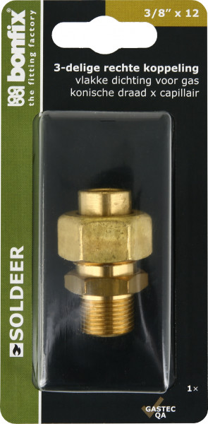 Bonfix 3-delige rechte koppeling 3/8 x 12 - met vlakke dichting voor gas - conische buitendraad x capillair