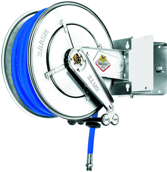 Inox Dévidoir avec 20m tuyau - Air comprimé/Chaud eau - complet avec support mural - 10bar
