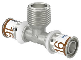 Uponor S-Press Plus draad Raccord en T 90° - pers x filetage mâle x pers - 16mm x 1/2" x 16mm - laiton - Kiwa