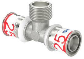 Uponor S-Press Plus draad T-stuk 90� - pers x buitendraad x pers - 25mm x 3/4" x 25mm - messing - Kiwa afbeelding