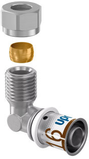 Uponor S-Press Plus overgangs knie - buitendraad x pers - 3/8" x 16mm - messing - Kiwa