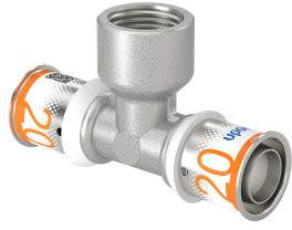 Uponor S-Press Plus schroef T-stuk 90° - pers x binnendraad x pers - 20mm x 1/2" x 20mm - messing - Kiwa