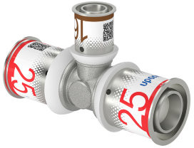 Uponor S-Press Plus verloop T-stuk 90° - pers x pers x pers - 25mm x 16mm x 25mm - messing - Kiwa