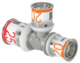 Uponor S-Press Plus verloop T-stuk 90° - pers x pers x pers - 25mm x 20mm x 20mm - messing - Kiwa
