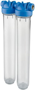 Atlas Filtri - filterhuis - transparante klok - type DP 20 Duo OT TS - binnendraad x binnendraad - 3/4" x 3/4" - messing afbeelding