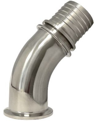 Triclamp koppeling - DIN 32676 - Slangtule met 45� Bocht 12mm - Flensmaat 34mm - Met kraag - RVS316 - DIN afbeelding
