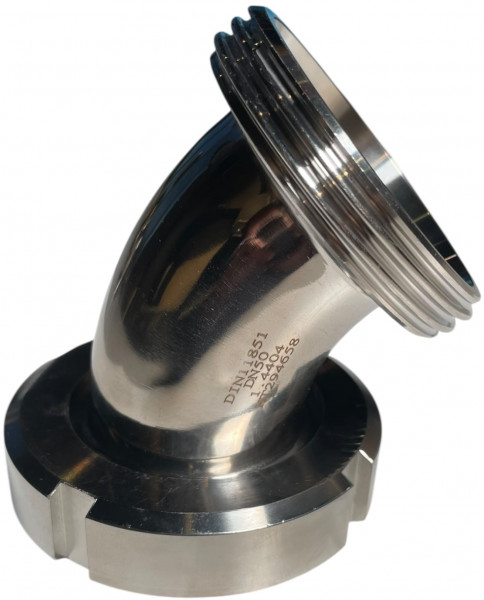 Raccord laitier - DIN 11851 - Coudé 45° - Pièce lisse avec écrou x Pièce filetée - DN20 x DN20 - Inox 316