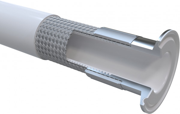 PTFE Slang met RVS 304 kern en Siliconen Mantel - Compleet met Tri Clamp flenzen - uitlopend PTFE - DN38 - 2m